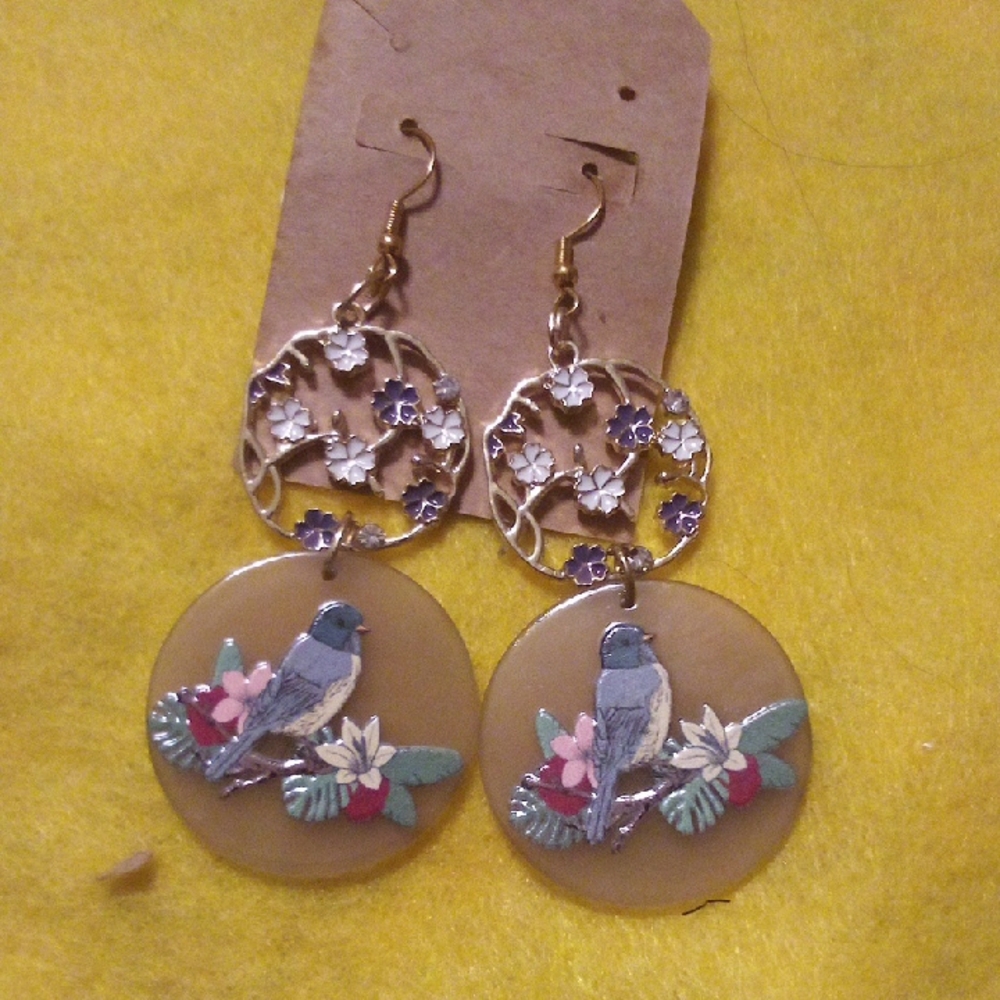 Floral Bird Earrings with Gold Accents